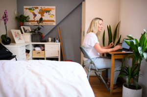 Woman working remotely.