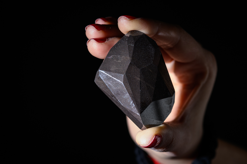 A member of the Sotheby's auction house team holds the "Enigma" black diamond on February 04, 2022 in London, England.