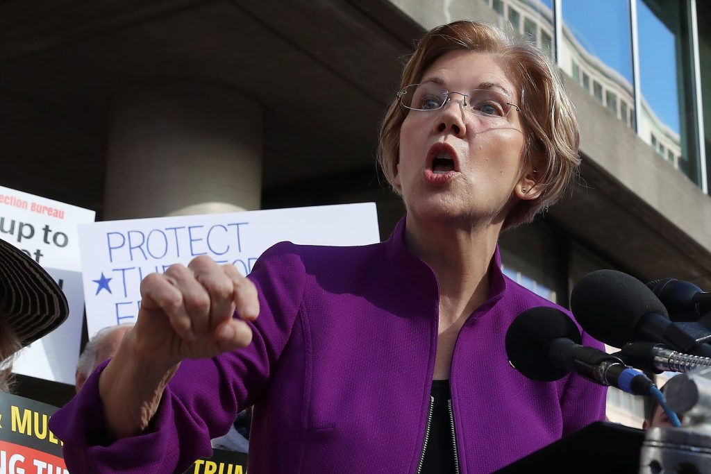 Image of Senator Elizabeth Warren (D-MA) in front of a microphone.