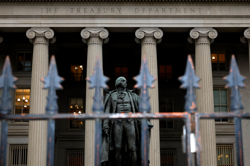 A statue of Alexander Hamilton is seen outside the U.S. Department of Treasury building in Washington DC.