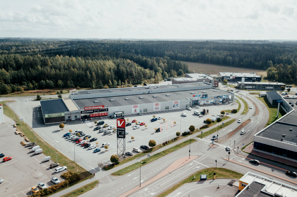 An aerial view of the parking lot of Verkkokauppa.com retailer in Raisio, Finland.
