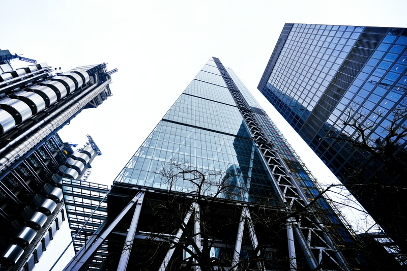 View of the financial district with office buildings in the City of London.