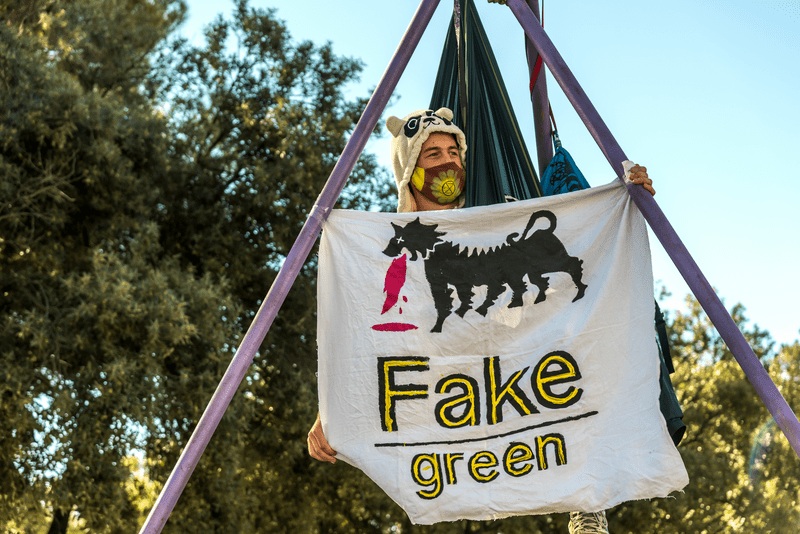 Extinction Rebellion activists protest in front of the ENI (National Hydrocarbons Authority) headquarters and demand that greenwashing must be stopped.