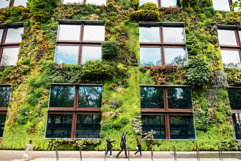 Close-up of sustainable building in Paris with green facade made of living plants. Three pedestrians are walking in front of it.