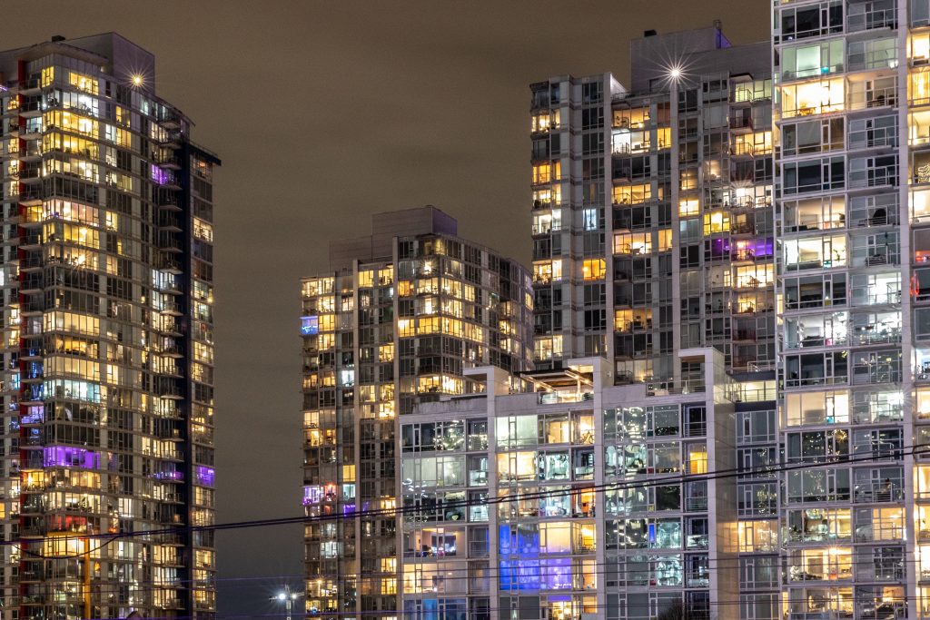 Apartments in nighttime, in Vancouver, Canada.