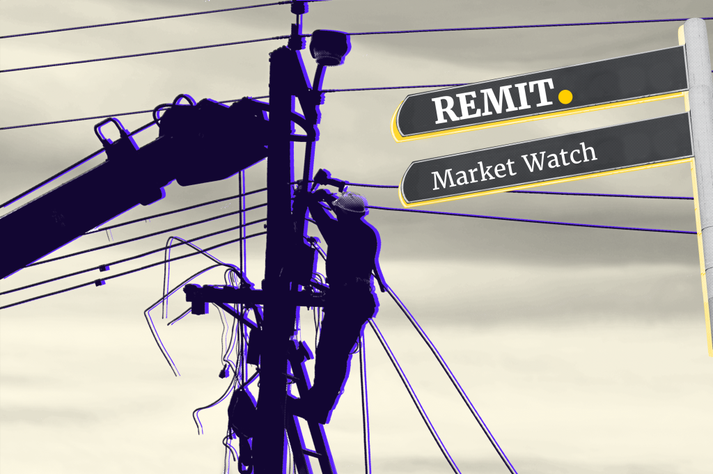 Montage of an electricity worker fixing power line on stormy winter day and the signs saying REMIT and Market Watch.