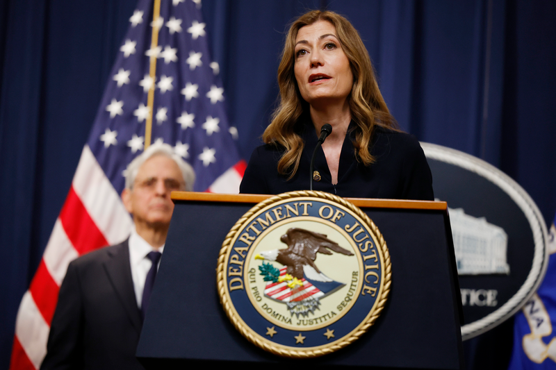DEA Administrator Anne Milgram announces the arrest of Chinese chemical company employees as part of an investigation into the fentanyl precursor supply chain during a news conference with U.S. Attorney General Merrick Garland at the Robert F. Kennedy headquarters building on June 23, 2023 in Washington, DC.