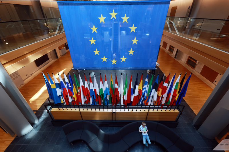 Flags of member states of the European Union stand in an atrium of the European Parliament building on May 25, 2024 in Strasbourg, France.