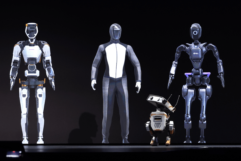 A robot appears on stage as Nvidia CEO Jensen Huang delivers a keynote address during the Nvidia GTC Artificial Intelligence Conference at SAP Center on March 18, 2024 in San Jose, California.