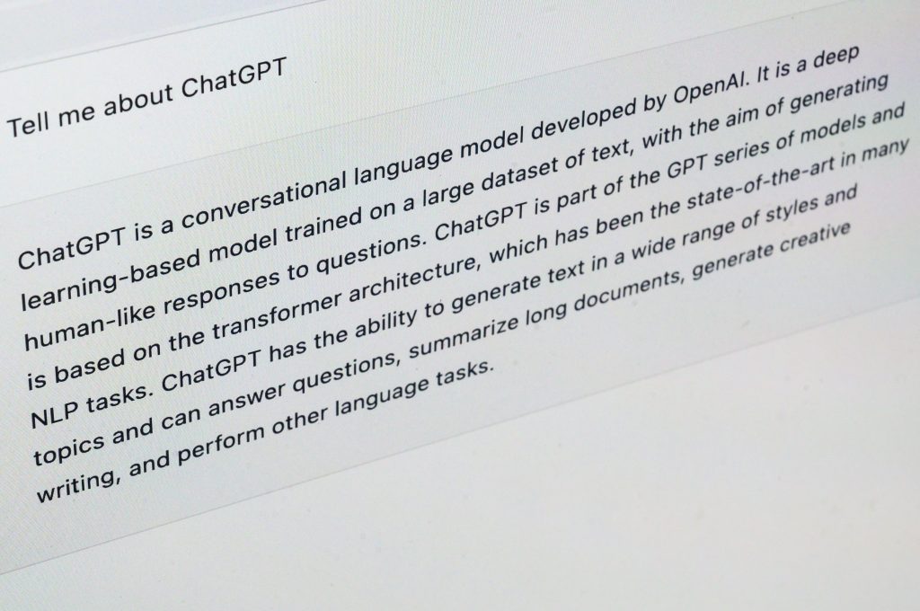 Image of a computer screen with wording that describes what ChatGPT is as a generative AI product,.