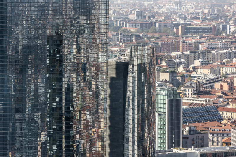 A detail view of Italian international banking group UniCredit's headquarters, located in the Porta Nuova district.