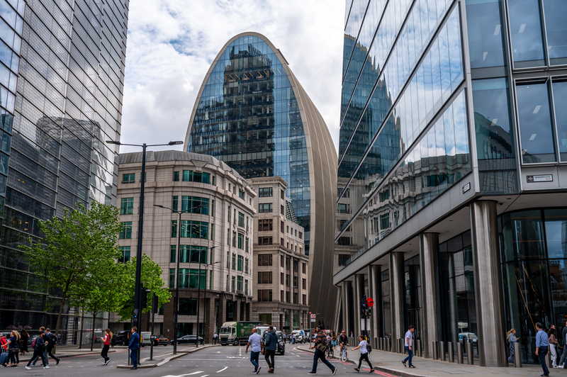 A general exterior view of 70 St Mary Axe, informally known as the Can of Ham.