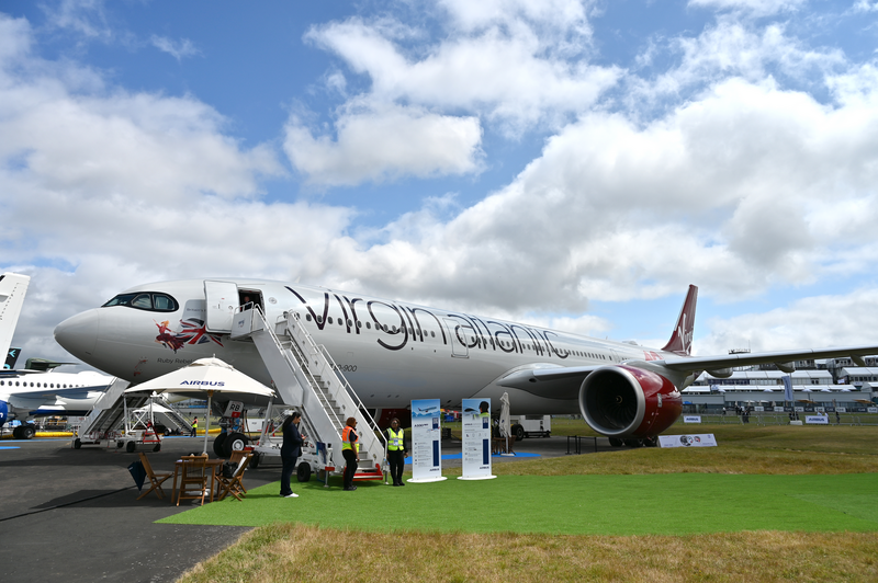 A Virgin Atlantic long-haul Airbus A330-900 Neo fitted with Rolls Royce Trent 7000 jet engines is displayed during the Farnborough International Airshow 2024.