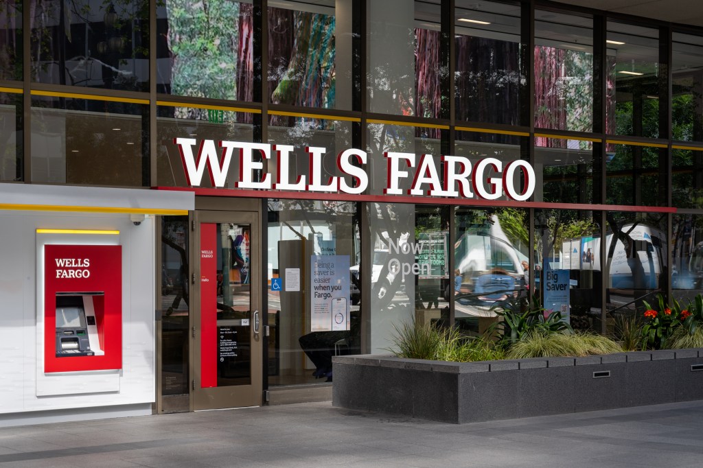 Image of a Wells Fargo bank location and signage from street level.