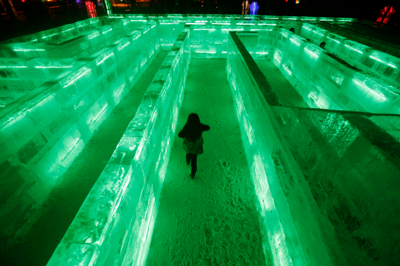 A girl navigates an ice maze to symbolise confusion.