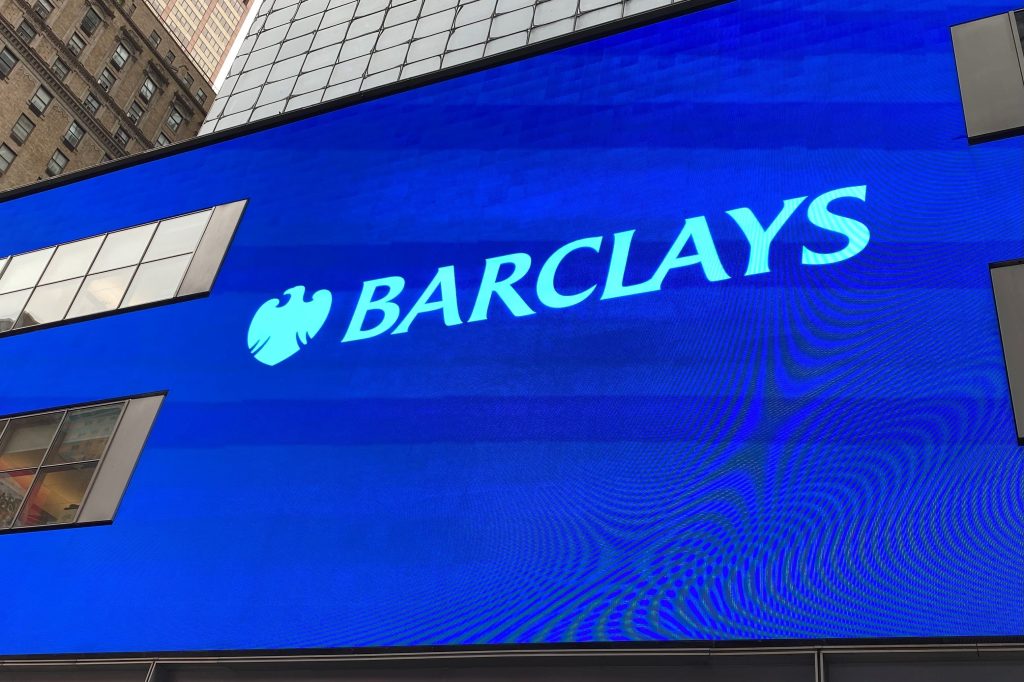 Image of Barclays insignia and logo in Times Square, NYC.