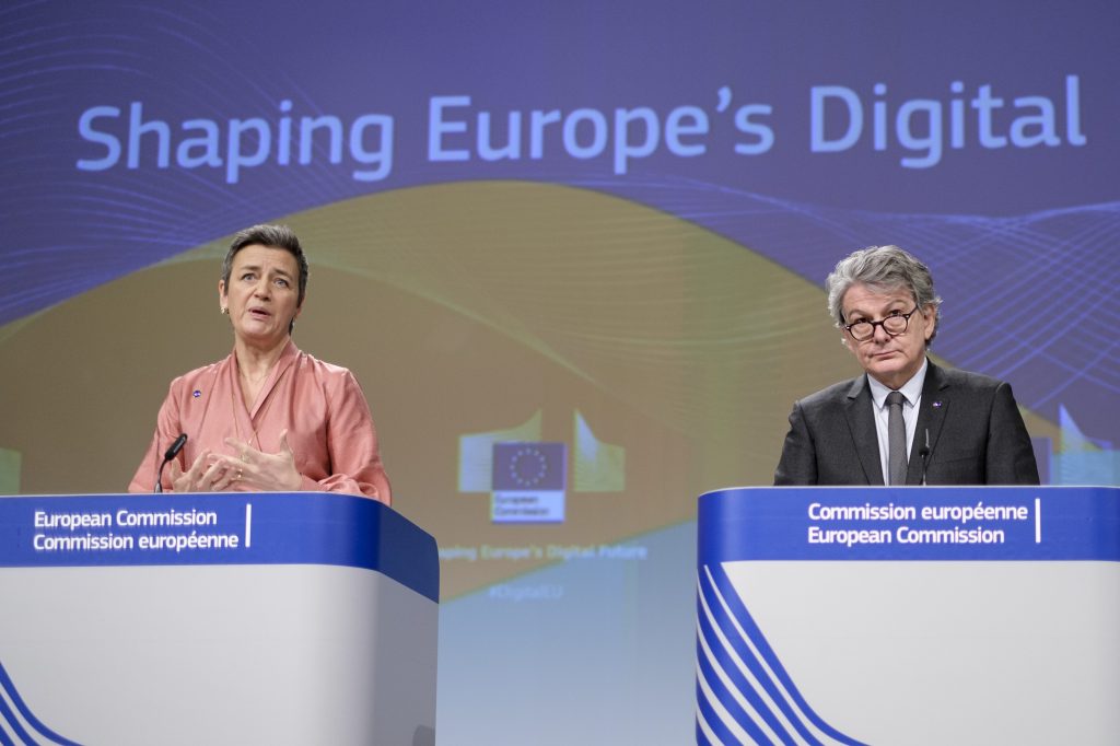 Margrethe Vestager, Executive VP of the European Commission for a Europe Fit for the Digital Age (L) and Thierry Breton, EU Commissioner for Internal Market.