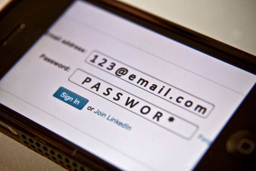 Image of a portable device listing an email and a password.