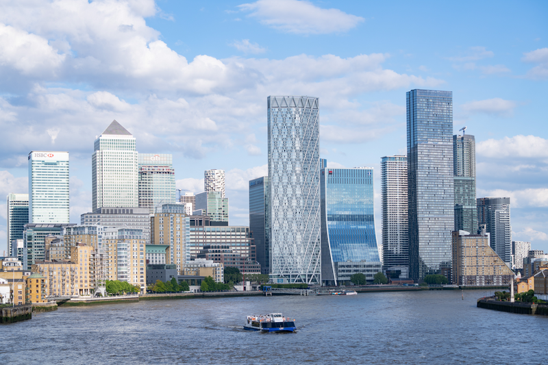 General views of London's Canary Wharf skyline.