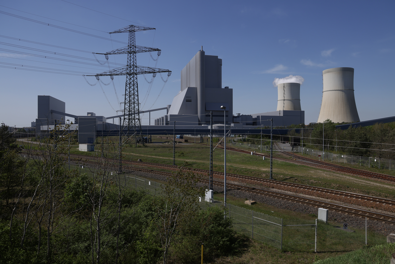 An electricity pylon stand next to the Schwarze Pumpe coal-fired power station on April 30, 2024 in Schwarze Pumpe, Germany.