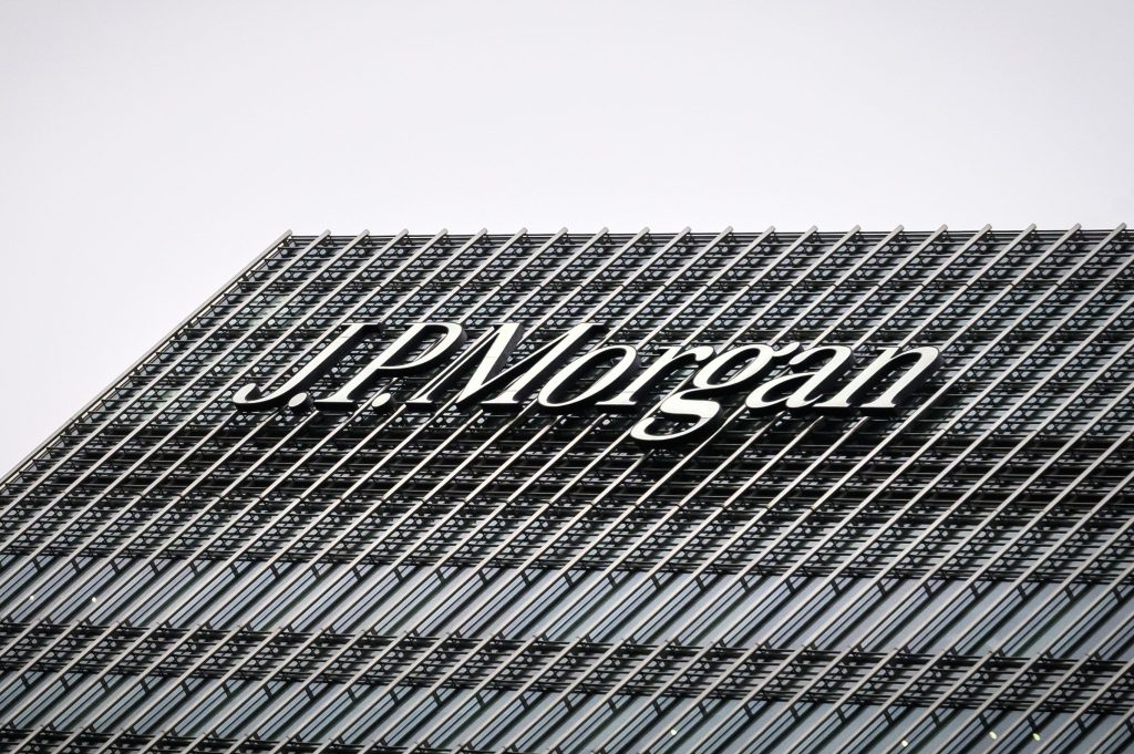 Image of JPMorgan signage on its building in London.