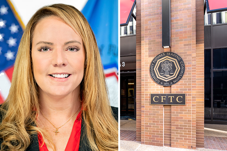 Montage of CFTC Commissioner Summer Mersinger and the CFTC entrance.